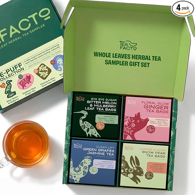 Tea Facto Herbal Tea Sampler Set Depuff Collection with Bitter Melon, Mulberry Leaf, Ginger, Pear & Green Grapes Jasmine - Fancy Tea Sampler Gift Set Box - Natural Fiber, Zero Added Sugar - 40 Count