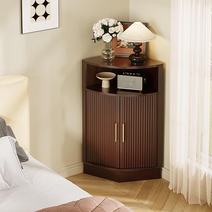 Corner Bathroom Cabinet, Modern Small Corner Cabinet with Fluted Door and Open Shelf, Space Saver for Bathroom, Living Room, Kitchen, Brown