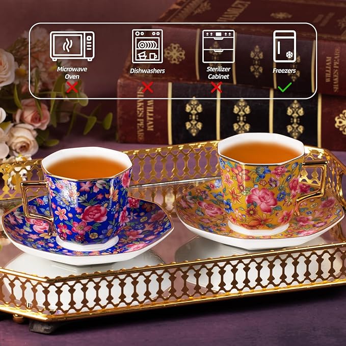 KAMMAK Tea Cups and Saucers Set of 2, Porcelain Coffee Cup with Saucer for Espresso, Cappuccino, 4.5oz Vintage Yellow and Blue Ceramic Demitasse Mug for Home, Tea Party, Office