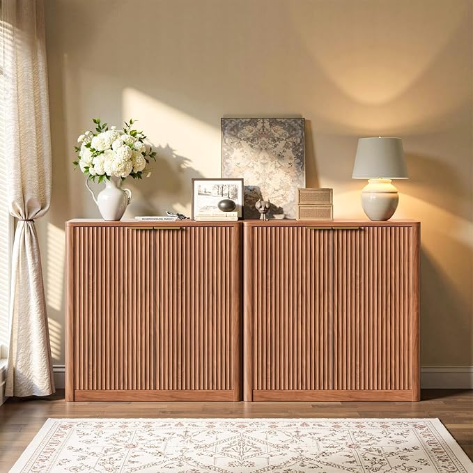 Evermagin 31.5" Walnut Buffet Cabinet with Storage, Small Sideboard Cabinet, Mid Century Modern Accent Credenza, Fluted Console Table with Doors for Dining Room, Kitchen, and Living Room