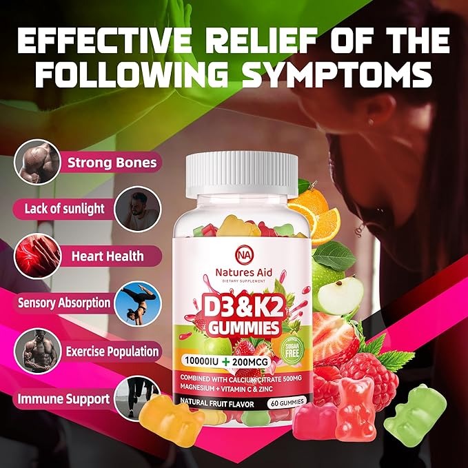 Natures Aid Sugar-Free Vitamin D3 K2 Gummies with Calcium + K2 (MK-7), Magnesium Citrate, Vitamin C, Extra Strength - Ultimate Absorption for Bone Muscle Teeth Immune, Vegan - 60 Gummies