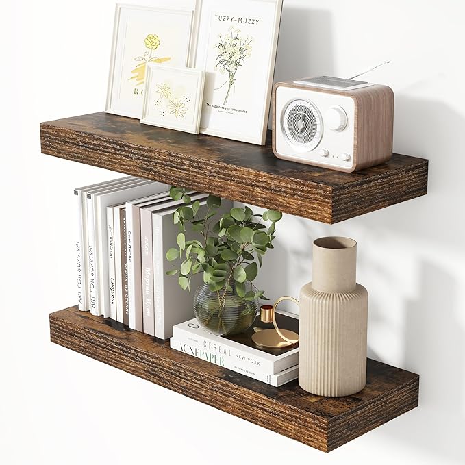 Heimlove 24 Inch Floating Shelves for Wall Rustic Brown Shelves Set of 2,Wall Mounted Rustic Wood 8 Inch Deep Floating Shelf with Invisible Brackets for Bedroom Kitchen Living Room