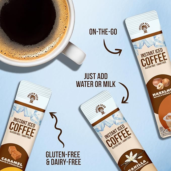 The Frozen Bean - Instant Iced Coffee Combo Pack, Hazelnut, Caramel, Vanilla,Gluten-Free, Dairy-Free, Packs of 30