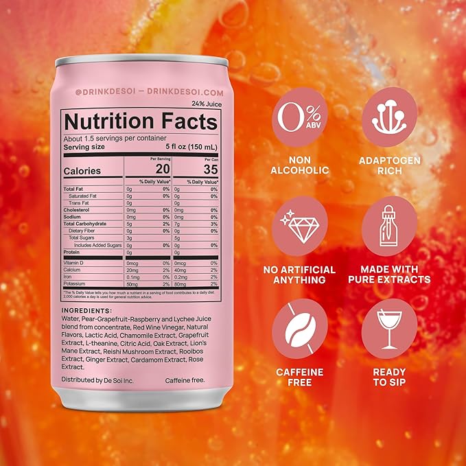 De Soi Très Rosé Mocktails NA Drinks 8 fl oz (12-pack) - Adaptogen Drink, Sparkling Drink with Calming Botanicals, Mocktail Drinks, Gluten Free, No Artificial Flavors