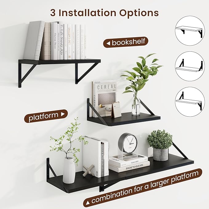 Axeman Black Floating Shelves for Wall - 10 Inch Deep Floating Shelves Set of 2-16 Inch Wide x 10 Inch Deep Black Wall Shelves for Living Room Bathroom Bedroom
