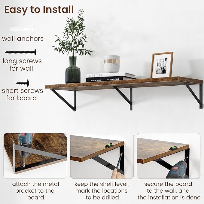 Axeman Deep Floating Shelves - 40 Inch Floating Shelves Set of 2-12 Inch Deep Brown Wood Wall Shelves for Living Room Bathroom Kitchen