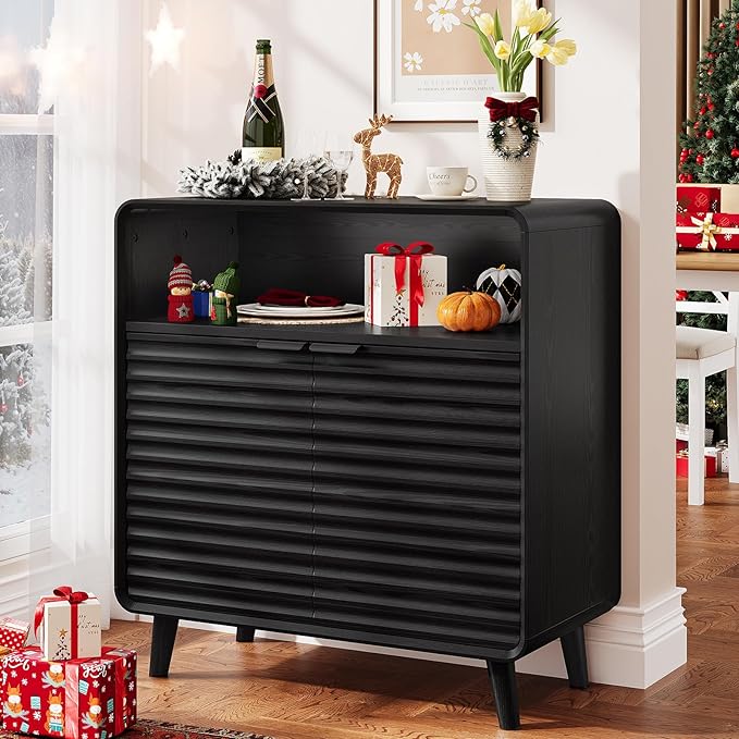 ONBRILL 31.5" Sideboard Buffet Cabinet with Storage, Curved Sideboard with 2 Wave Doors and Angled Side Frame, Small Storage Cabinet with Adjustable Shelves, Coffee Bar Cabinet for Dining Room, Blcak