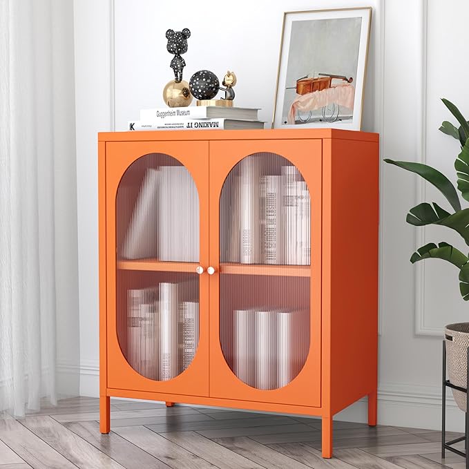 Small 2 Transparent Door Metal Storage Side Buffet Cabinet for Bed Room,Living Room,Entryway,Hallway,Home,Hotel,Office,Garage,Kitchen,1 Removable Shelf. (Transparent Door, Orange)
