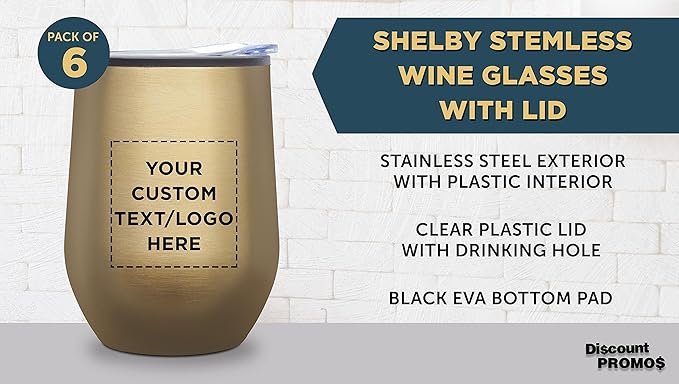 Custom Stemless Wine Tumblers 12 oz. Set of 6, Personalized Bulk Pack - Insulated, Perfect for Wine, Cocktails, Other Hot & Cold Beverages - Gold