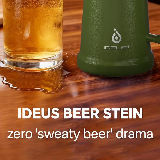 Ideus Insulated Beer Stein, 24/32oz Stainless Steel Double Walled Beer Mug Giant Bar Drinkware Metal Beer Cup with Big Grip Handle (Olive Green, 34oz (1,000ml))