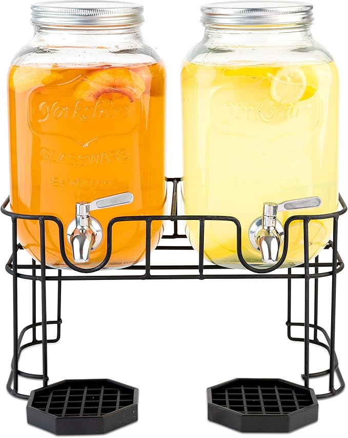 Dual Gallon Glass Beverage Dispensers with Metal Stand, Stainless Steel Spigot, Metal Lid and Drip Trays- Gallon Glass Yorkshire Mason Container for Kombucha Fermenting, Iced Tea and more