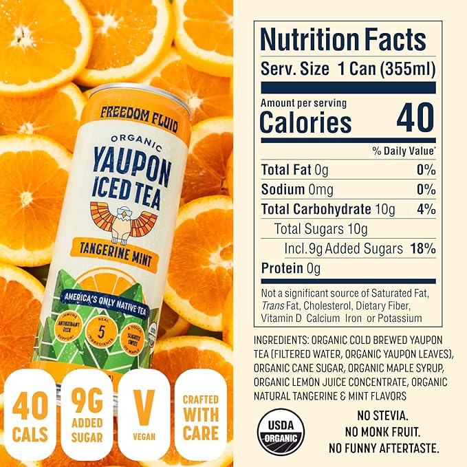 Freedom Fluid Organic Yaupon Iced Tea – Tangerine Mint | Herbal Tea Drink | Lightly Sweetened, Low Sugar, Low Calories, Real Brewed Tea, Clean Ingredients, Antioxidant Rich, Natural Caffeine, 12 Pack (12 oz cans)