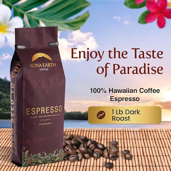 Kona Earth - Dark Roast Hawaiian Espresso, Whole Bean, 1lb (16 oz) Farm-Direct coffee beans from Hawaii’s Big Island, Micro-Batch-Roasted