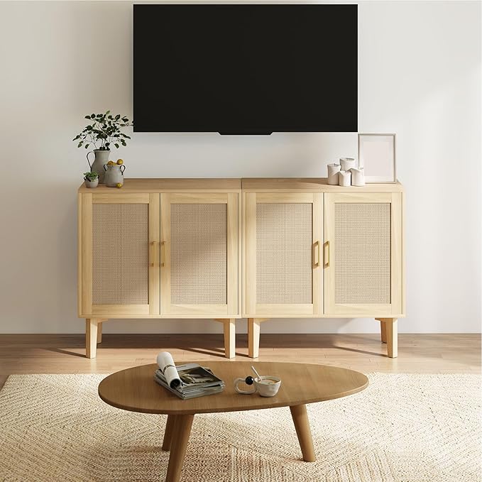 Bigroof Rattan Cabinet, Modern Accent Buffet Cabinet with Magnetic Doors, Sideboard Buffet for Hallway, Entryway, Living Room, or Kitchen (Natural)
