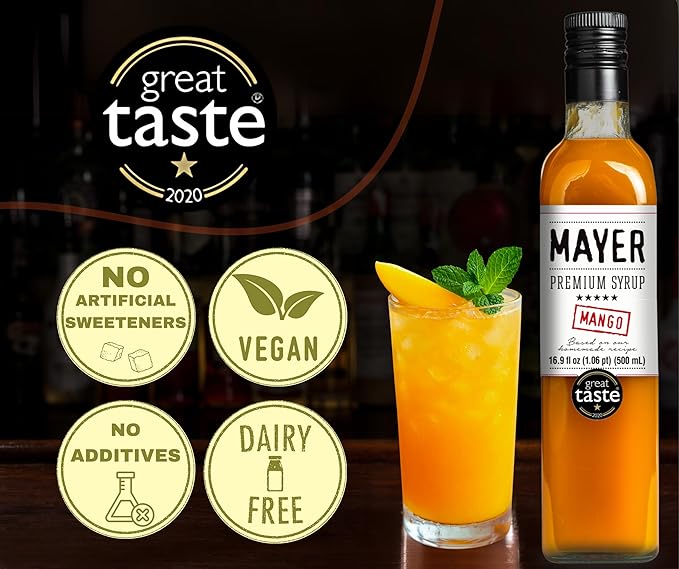 Mayer Premium Artisan Mango Syrups – Award-Winning, Only Real Mangoes and 3 Natural Ingredients, Vegan, Gluten Free, Dairy Free, Versatile for Beverages & Desserts – No Artificial Additives, Rich Authentic Flavor ( 16.9 Fl oz. / 500 ml, 6 Pack Mango )