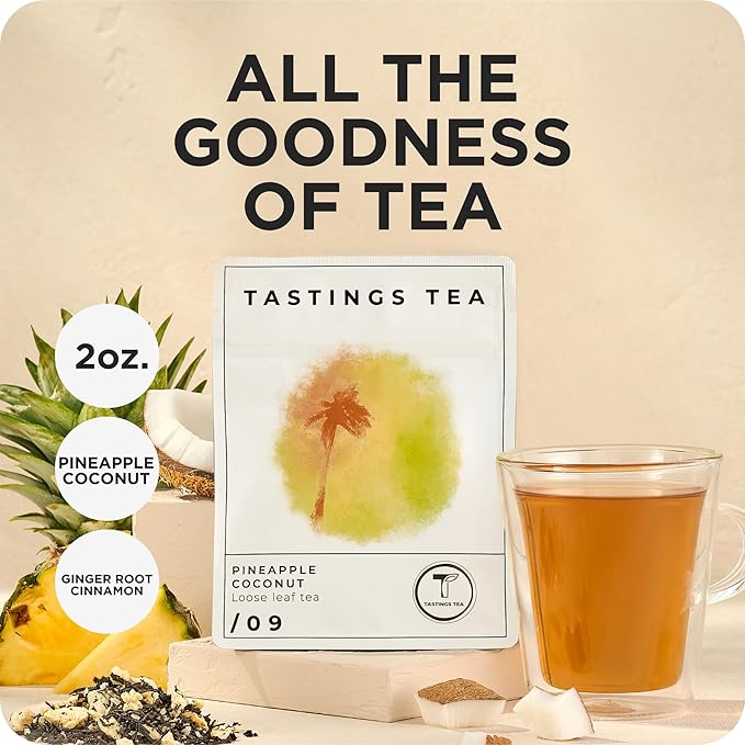 Tastings Tea Pineapple Coconut Loose Leaf, 2.25 oz | Tropical Black Blend & Fruit Infusion | Medium Caffeine | Naturally Sweet & Energizing | Small Batch & Sustainably Sourced | Resealable Pouch