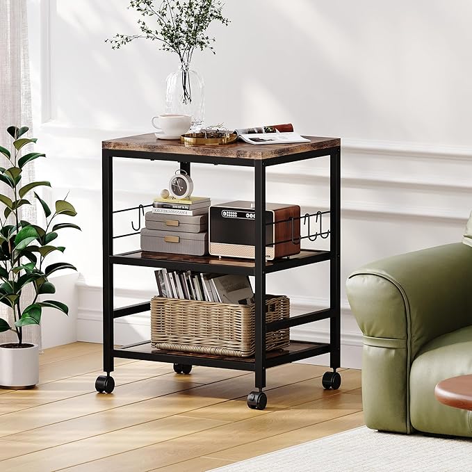 Homeiju 3-Tier Wooden Microwave Cart with Storage, 22.4''W Microwave Stand Coffee Cart Rolling Kitchen Utility Cart with Wheels, 5 Hooks, Rustic Brown and Black