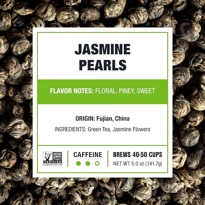 Tiesta Tea - Jasmine Pearls Green Tea, Loose Leaf, Single Origin Premium Jasmine from China, Medium Caffeinated, Makes Hot or Iced & Up to 50 Cups, 100% Pure Unblended, 5oz Refillable Tin