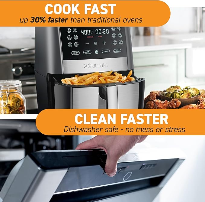 Gourmia 8 Qt Digital Air Fryer GAF826 – XL Capacity with 12 One-Touch Presets, Nonstick Dishwasher Safe Basket, Oil-Free Cooking, ETL-Certified, Sleek Black Finish