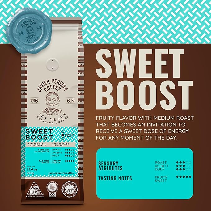 Javier Pereira Coffee - Sweet Boost Colombian Specialty Coffee – Medium Roast – 100% Arabica – Certified Café de Colombia – Sweet Fruity Notes – Ground - 17.6 Oz