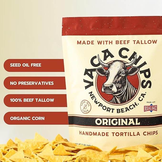 Vaca Chips – Beef Tallow Tortilla Chips, Original Flavor – 3 Pack of 5 oz Bags – Seed Oil Free Snack Made with Organic Corn & Sea Salt – Gluten Free, No Preservatives, Cooked in Beef Tallow