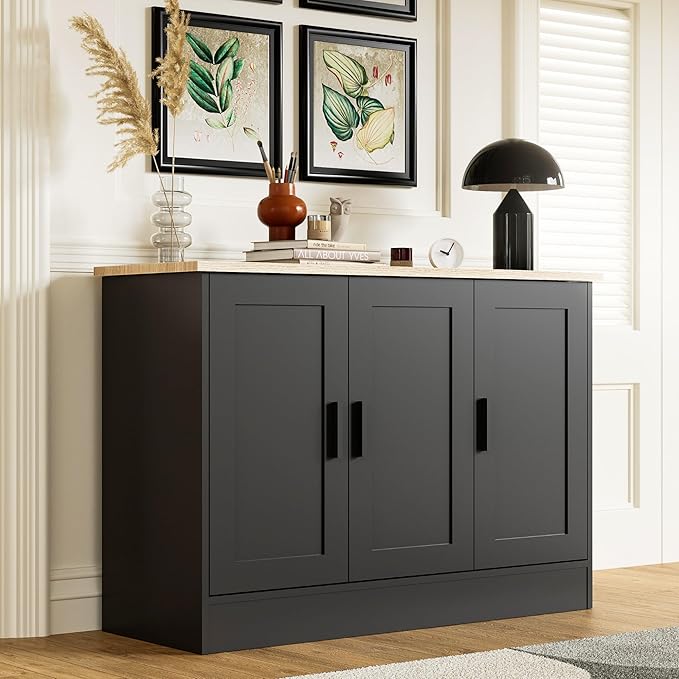 Anystyle 43" Black Buffet Cabinet with Black Handles, Small Kitchen Sideboard with 3 Doors & Adjustable Shelves, Modern Entryway Credenza & TV Console Table for Living Room, Dining Room