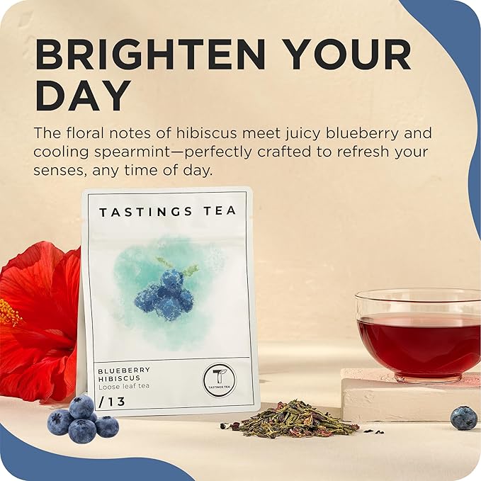 Tastings Tea Blueberry Hibiscus Loose Leaf Pouch 2.75 oz | Chinese Green Tea & Licorice Root with Elderberry, Spearmint & Natural Flavors | Light Caffeine | Tart & Fruity | Sustainably Sourced