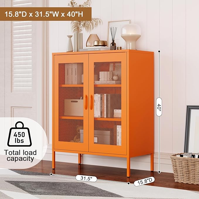 Metal Locker Storage Cabinet with 2 Mesh Doors and Adjustable Shelves,Orange Metal Locker Cabinets,Coffee Bar Cabinet,Kitchen Pantry Storage Cabinets for Home,Sideboard,Office(40" H)