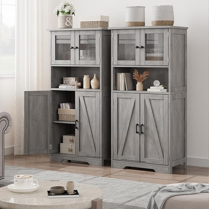 Storage Cabinets, 54 Inch Tall Hutch Bar Cabinet with Glass Doors and Adjustable Shelves, Wooden Kitchen Pantry Storage Cabinet, for Living Room