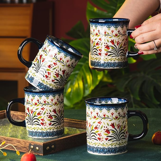 Ceramic Latte Mug Set of 4, 15.5oz Hand Painted Porcelain Coffee Cups With Big Handle - Modern,Retro Design For Any Kitchen. Microwave and Dishwasher Safe (The tulip)