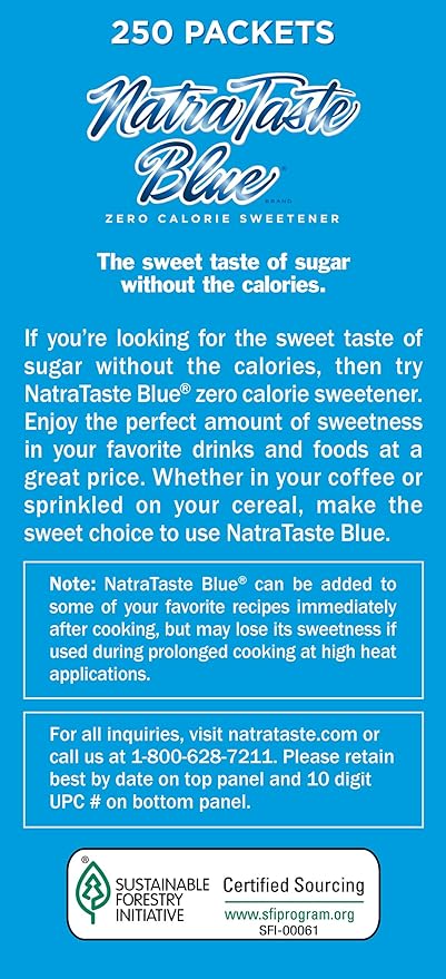NatraTaste Blue Zero Calorie Sweetener, Bulk Sugar Substitute for Coffee, Iced Tea, Lemonade, Hot & Cold Drinks, Baking, Cooking, Low Carb, Vegan, Sugar Alternative, 250 Packets Value Box (8 pack)