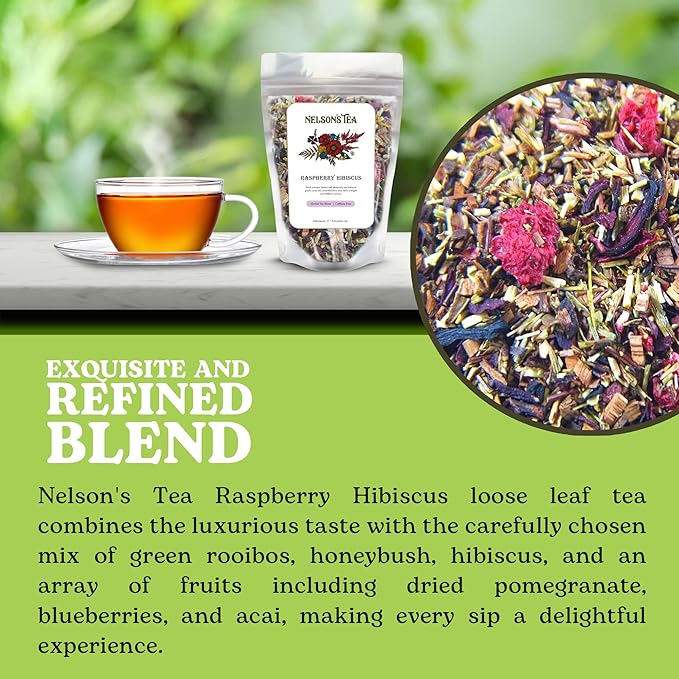 Nelson's Tea Raspberry Hibiscus Tea - Caffeine Free, Cut & Sifted Green Rooibos, Honeybush, Dried Raspberries, Acai, and Pomegranate Loose Leaf (16 oz)