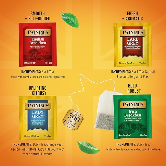 Twinings Variety Pack Black Tea Bags, 20 Count (Pack of 4), Includes English Breakfast, Earl Grey, Irish Breakfast, and Lady Grey, Caffeinated, Enjoy Hot or Iced, 80 Teabags