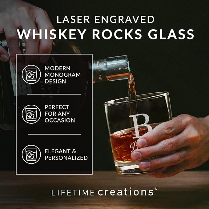 Lifetime Creations Engraved Personalized Monogrammed Whiskey Glass 10.5 oz - Old Fashioned Rocks Glass with Initial and Name, Monogram Scotch Glass, Dishwasher Safe, Made in USA