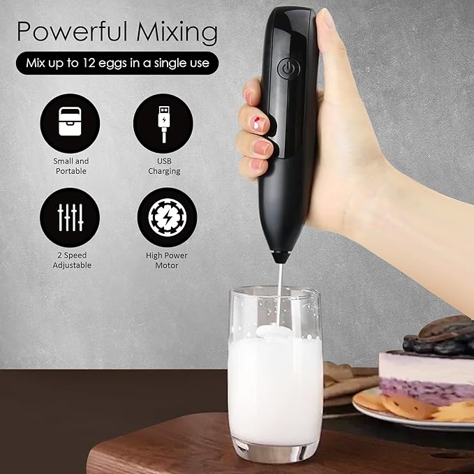 GOCHA | Electric Milk Frother Handheld - Rechargeable Coffee Frother with USB-C & 2 Speeds - Powerful RPM Latte Foam Maker for Cappuccino, Matcha, Hot Chocolate - Includes Stand & Whisk (Black)