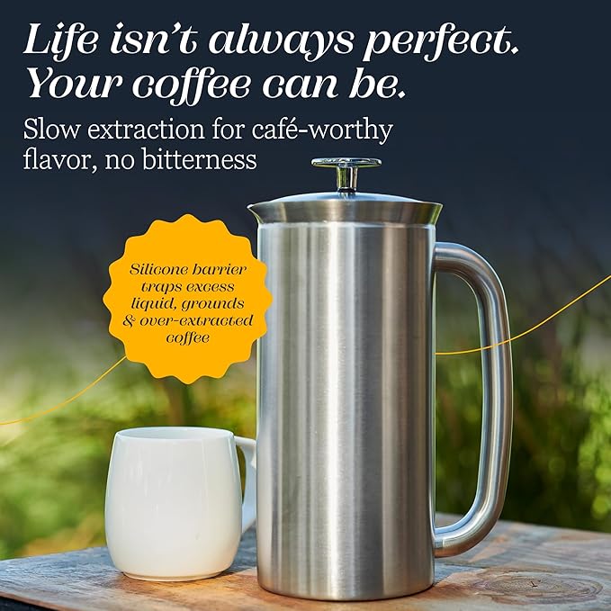ESPRO P7 Brushed Stainless Steel French Press 304 – Patented Double Walled Micro-Filter Insulated French Press Coffee Maker, Grit-Free Brew - Heat Resistant BPA Free (18oz)