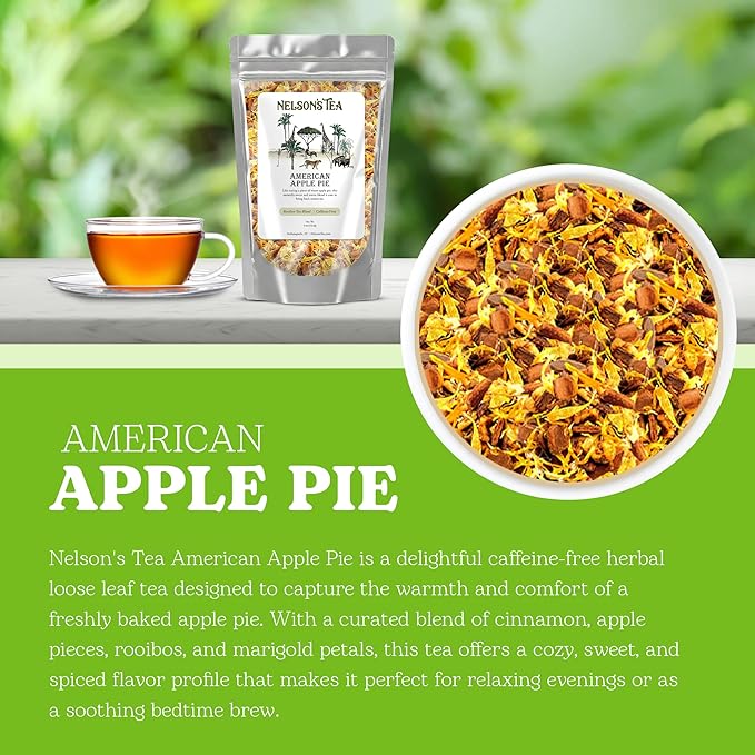 Nelson's Tea American Apple Pie - Caffeine Free, Herbal Loose Leaf Tea, Curated Blend with Cinnamon, Apple Pieces, Rooibos, and Marigold Petals - Perfect for Bedtime Brew (4 oz)