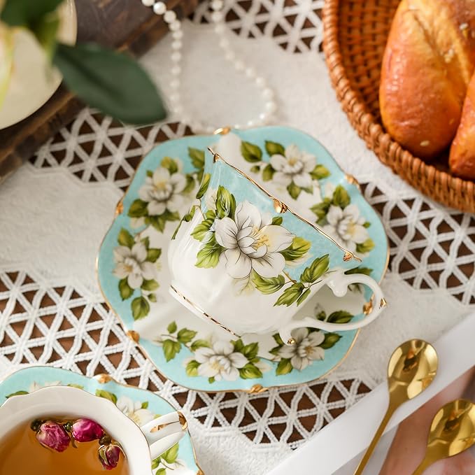 TATSUMI Country Roses Bone China Tea Cup and Saucer Set, 6 Pieces, Vintage Style, For Women and Tea Parties(Light Green, 2 sets)