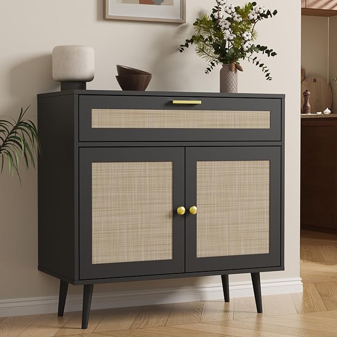 Rattan Sideboard Buffet, Boho Kitchen Cabinet with Drawer & 2 Doors, Modern Mid Century Accent Cabinet with Adjustable Shelf, Coffee Bar for Living Room, Entryway, Kitchen, Black
