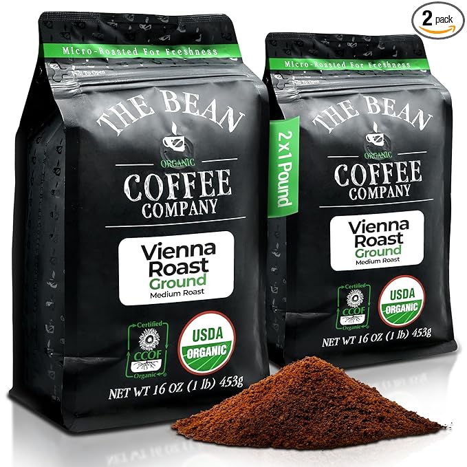 The Bean Organic Coffee Company Vienna Roast, Medium, Ground Coffee, 16-Ounce Bags (Pack of 2), Café molido tostado orgánico