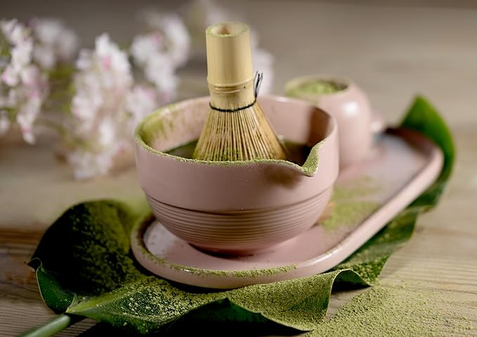 Matcha Whisk Set, Premium 7 Pcs Ceramic Set Includes Bowl, Whisk and Holder, Bamboo Scoop, Canister, Sifter, and Tray