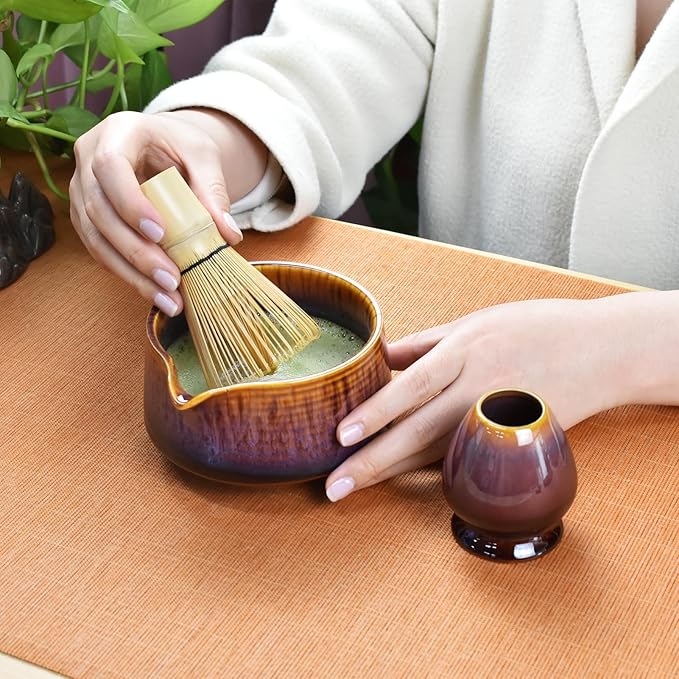 Artcome Matcha Tool Set - Complete Kit with Matcha Bowl with Spout, Bamboo Whisk, Tea Scoop & Whisk Holder, Red-Blue Glaze