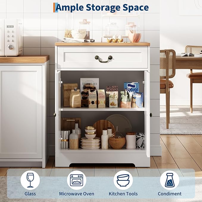 Garvee Farmhouse Coffee Bar Cabinet - Kitchen Storage Buffet Sideboard with 2 Doors, Drawer & Adjustable Shelf, White Cabinet for Kitchen, Living Room, Entryway, 150 LB Capacity