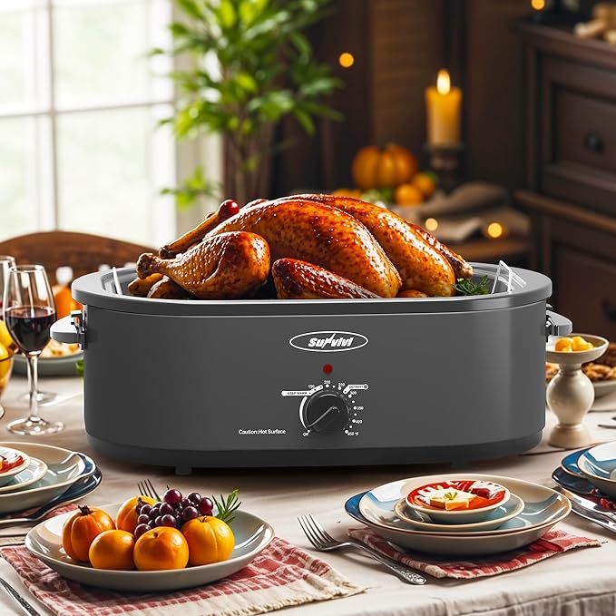 Sunvivi 20-Quart Roaster Oven with Self-Basting Lid, Electric Turkey Roaster Oven with Removable Pan and Rack, Stainless Steel, Grey