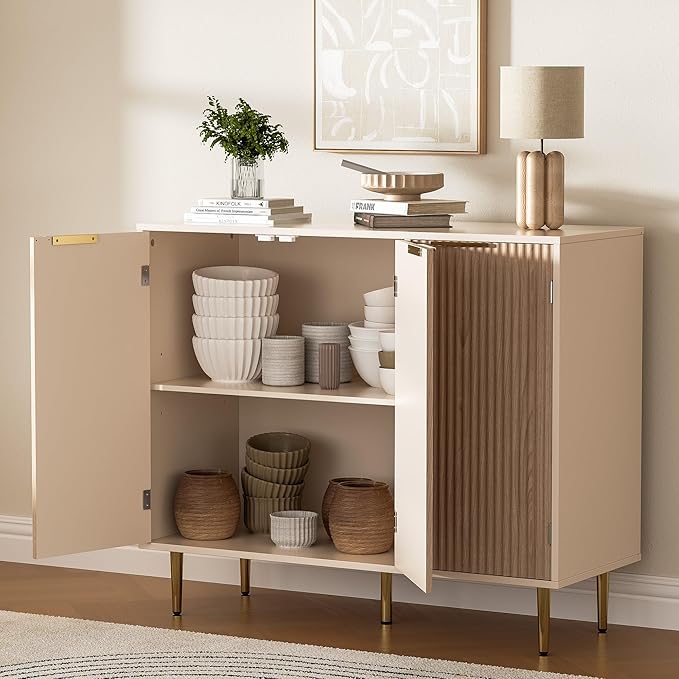 Fluted Sideboard Buffet with 3 Doors, Modern Accent Cabinet with Adjustable Shelves, Kitchen Storage Cabinet with Golden Handles, Coffee Bar for Kitchen, Living Room, Oak