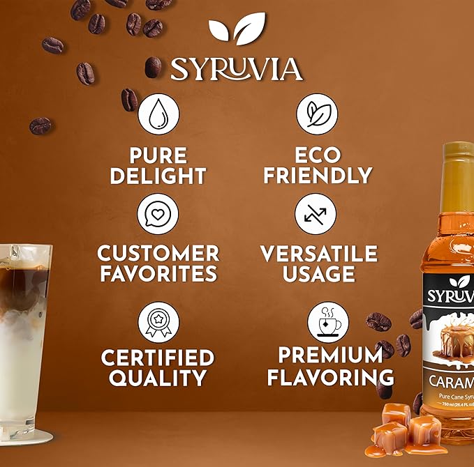Syruvia Caramel Coffee Syrup – 25.4 fl oz – Syrup for Coffee, Lattes, Shakes, Smoothies, Desserts – 100% Vegan, Gluten Free, Kosher Delicious Coffee Syrup (Pack of 2)