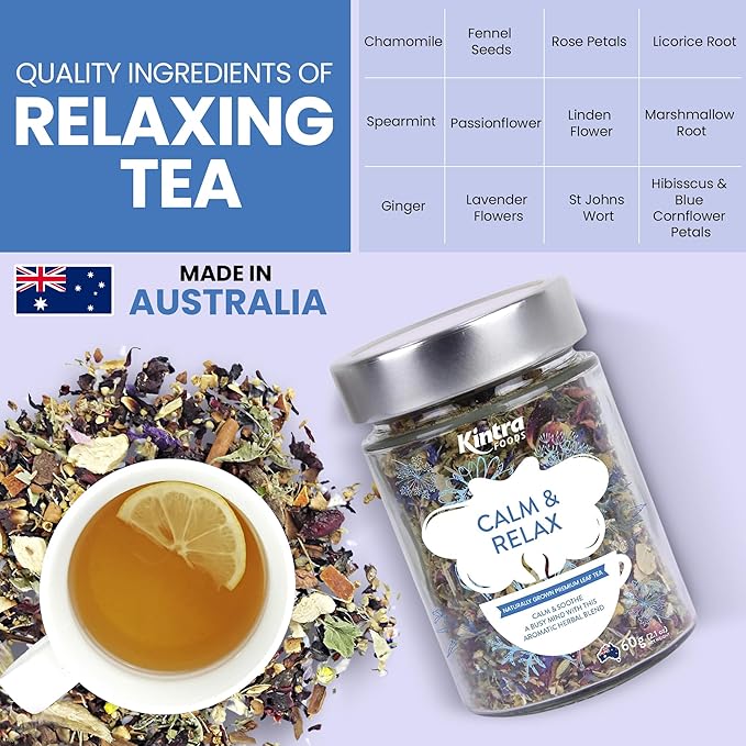 Kintra Foods Calm & Relax Loose Leaf | Herbal Blend With Chamomile, Lavender and Passionflower | Soothing Tea | Caffeine-Free Calming Tea | 60g Jar for Ultimate Relaxation