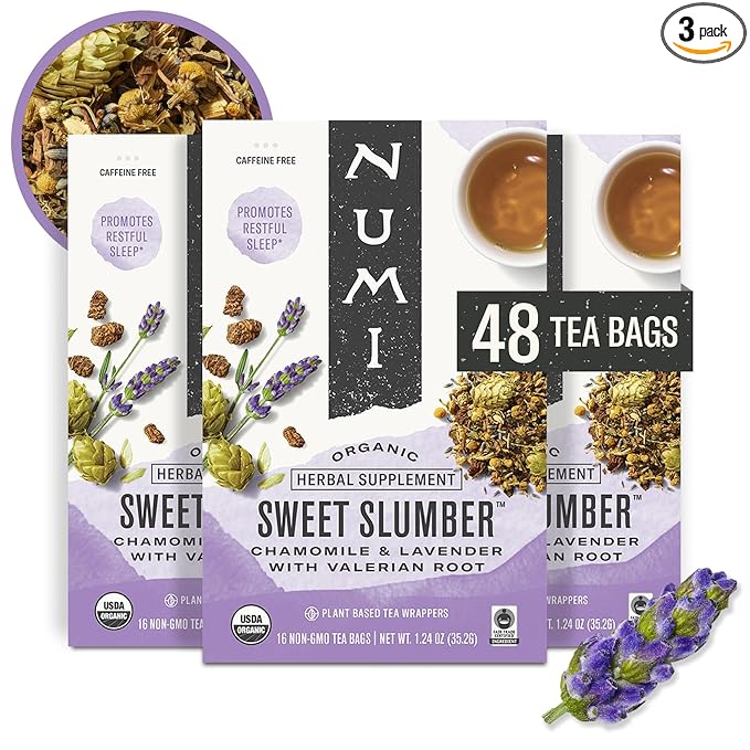 Numi Organic Tea Sweet Slumber with Chamomile, Valerian Root & Lavender, 16 Count Box of Tea Bags (Pack of 3) Herbal Teasan (Packaging May Vary)