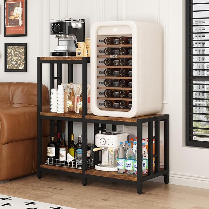 5-Tier Mini Fridge Stand with Storage, Vintage Brown Bakers Rack and Microwave Oven Stand, Kitchen Mini Fridge Cabinet with Shelves, Coffee Bar Organizer for Home, Office, Dorm