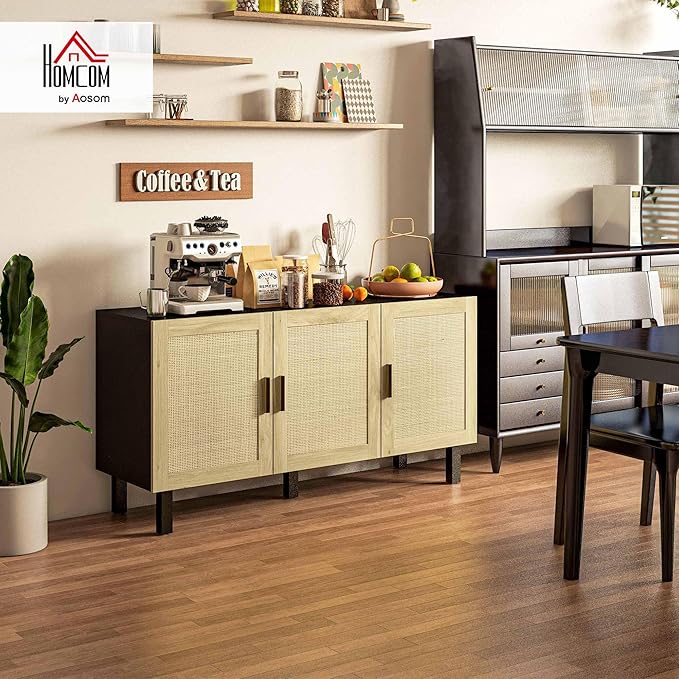 HOMCOM Boho Sideboard Buffet Cabinet, Coffee Bar Cabinet with 3 Rattan Doors and Adjustable Shelves for Kitchen, Living Room, Black and Natural